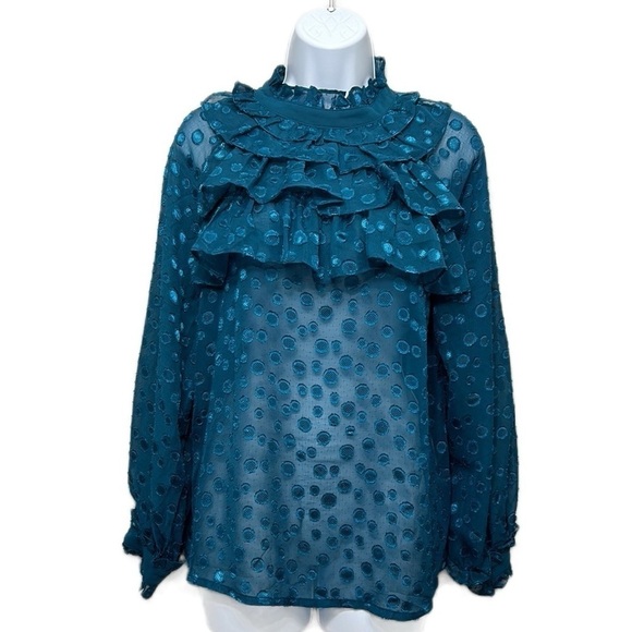 Dark ocean green jacquard-ruffle collar  Blouse Size L - Picture 3 of 10